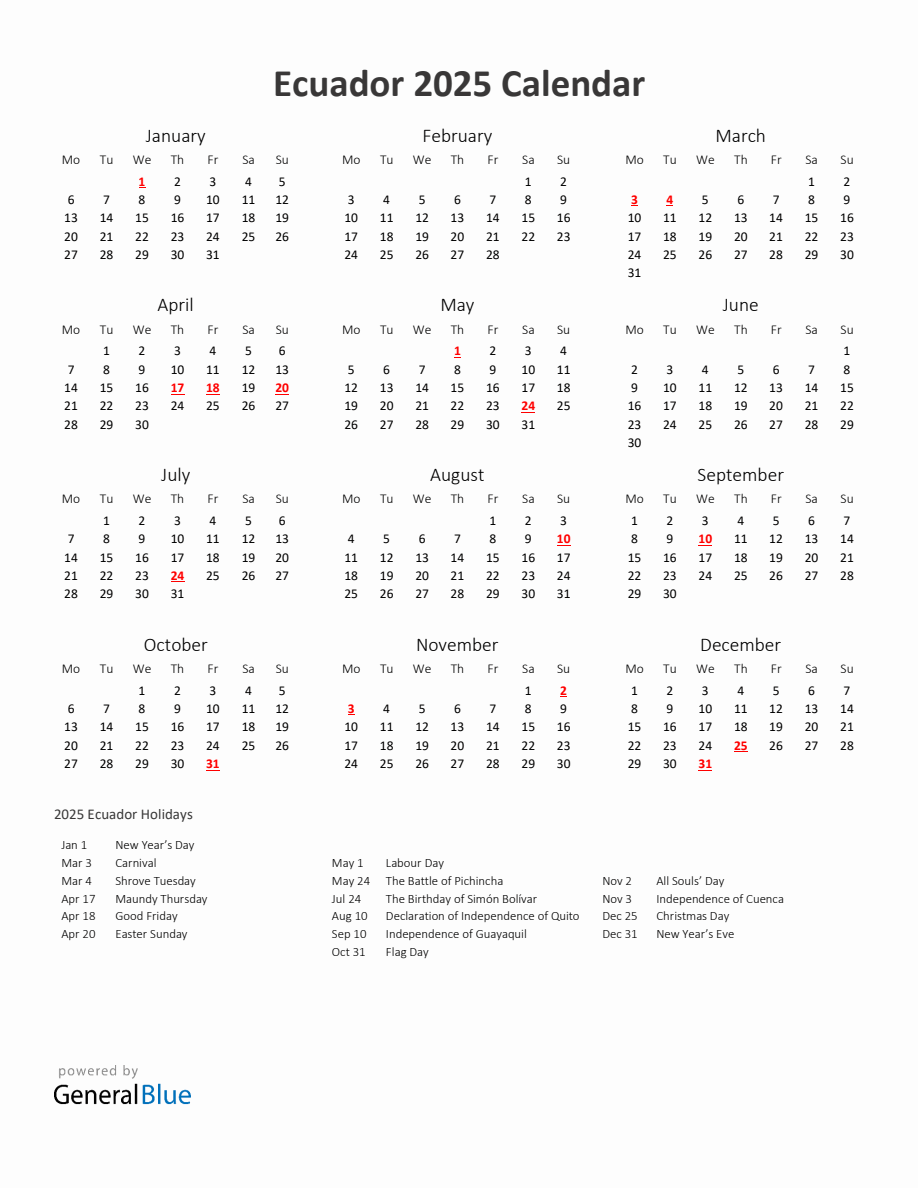 2025 Yearly Calendar Printable With Ecuador Holidays