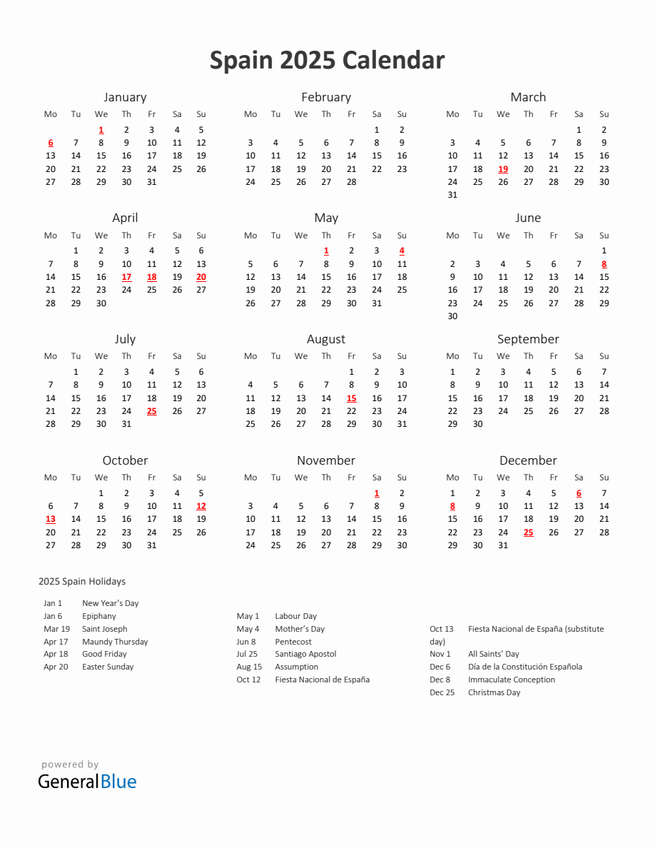 2025 Yearly Calendar Printable With Spain Holidays