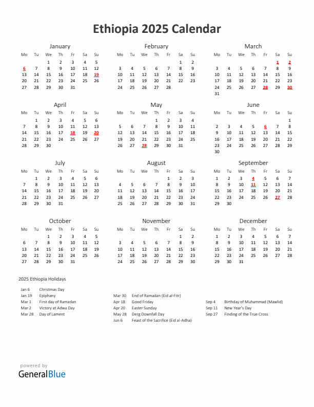 2025 Yearly Calendar Printable With Ethiopia Holidays