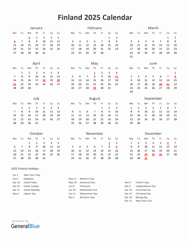 2025 Yearly Calendar Printable With Finland Holidays