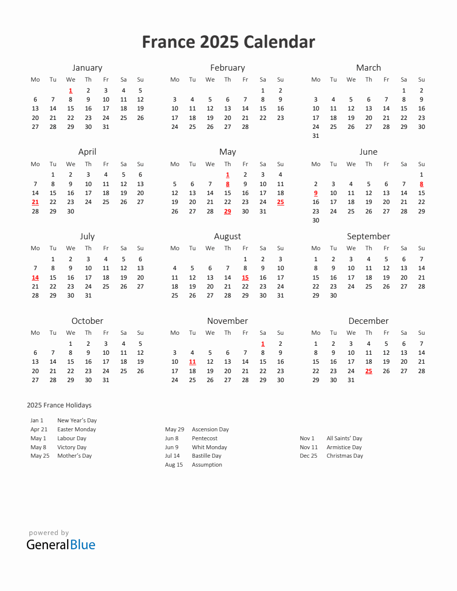 2025 Yearly Calendar Printable With France Holidays