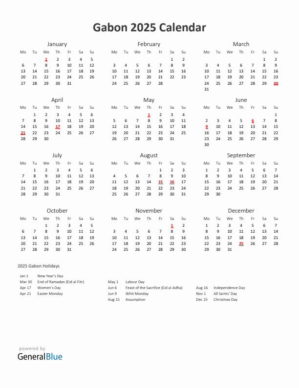 2025 Yearly Calendar Printable With Gabon Holidays