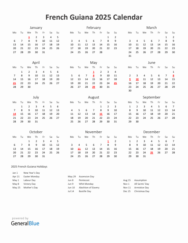 2025 Yearly Calendar Printable With French Guiana Holidays