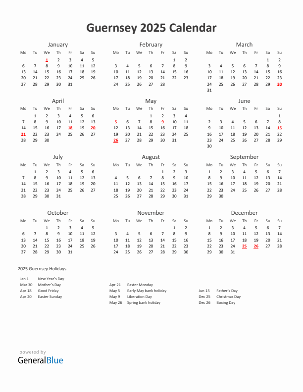 2025 Yearly Calendar Printable With Guernsey Holidays