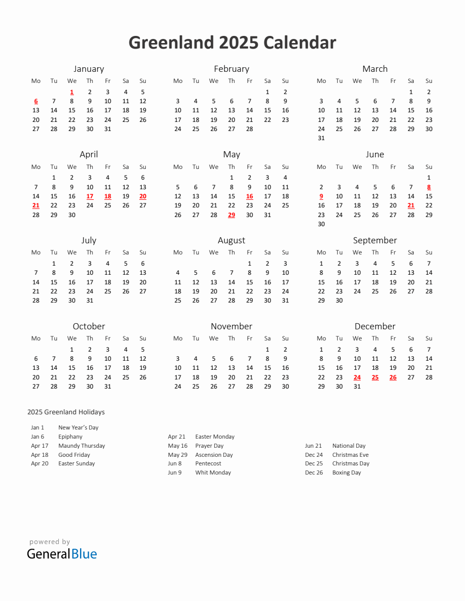 2025 Yearly Calendar Printable With Greenland Holidays