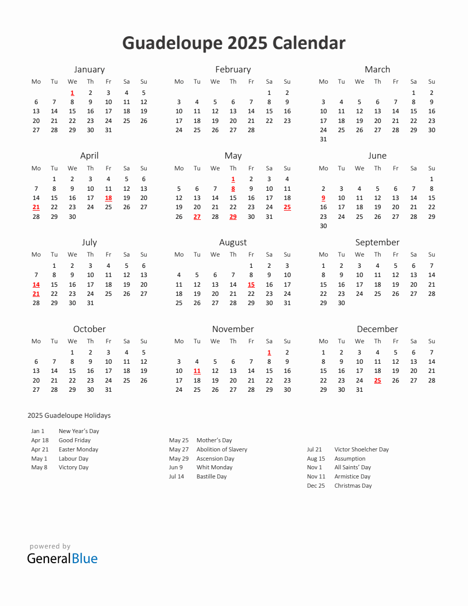 2025 Yearly Calendar Printable With Guadeloupe Holidays