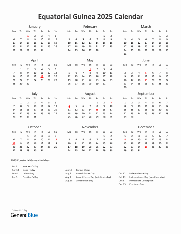2025 Yearly Calendar Printable With Equatorial Guinea Holidays