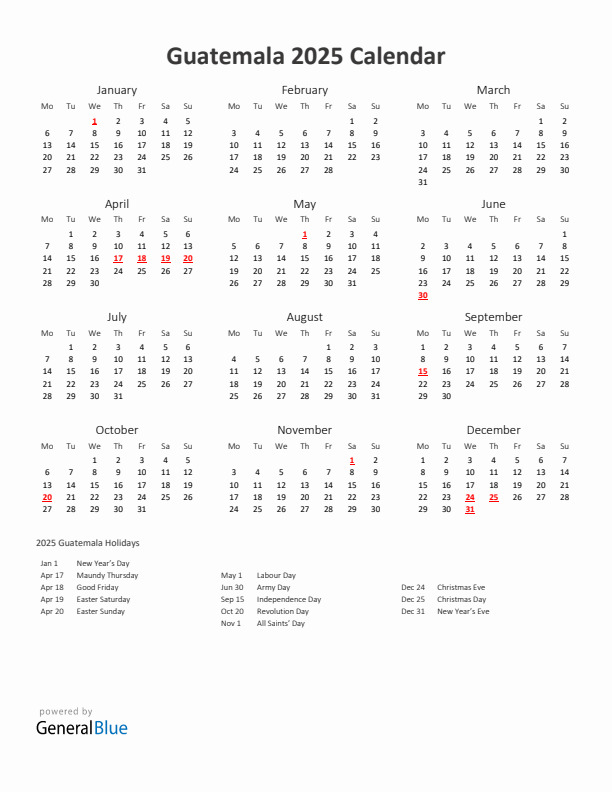 2025 Yearly Calendar Printable With Guatemala Holidays