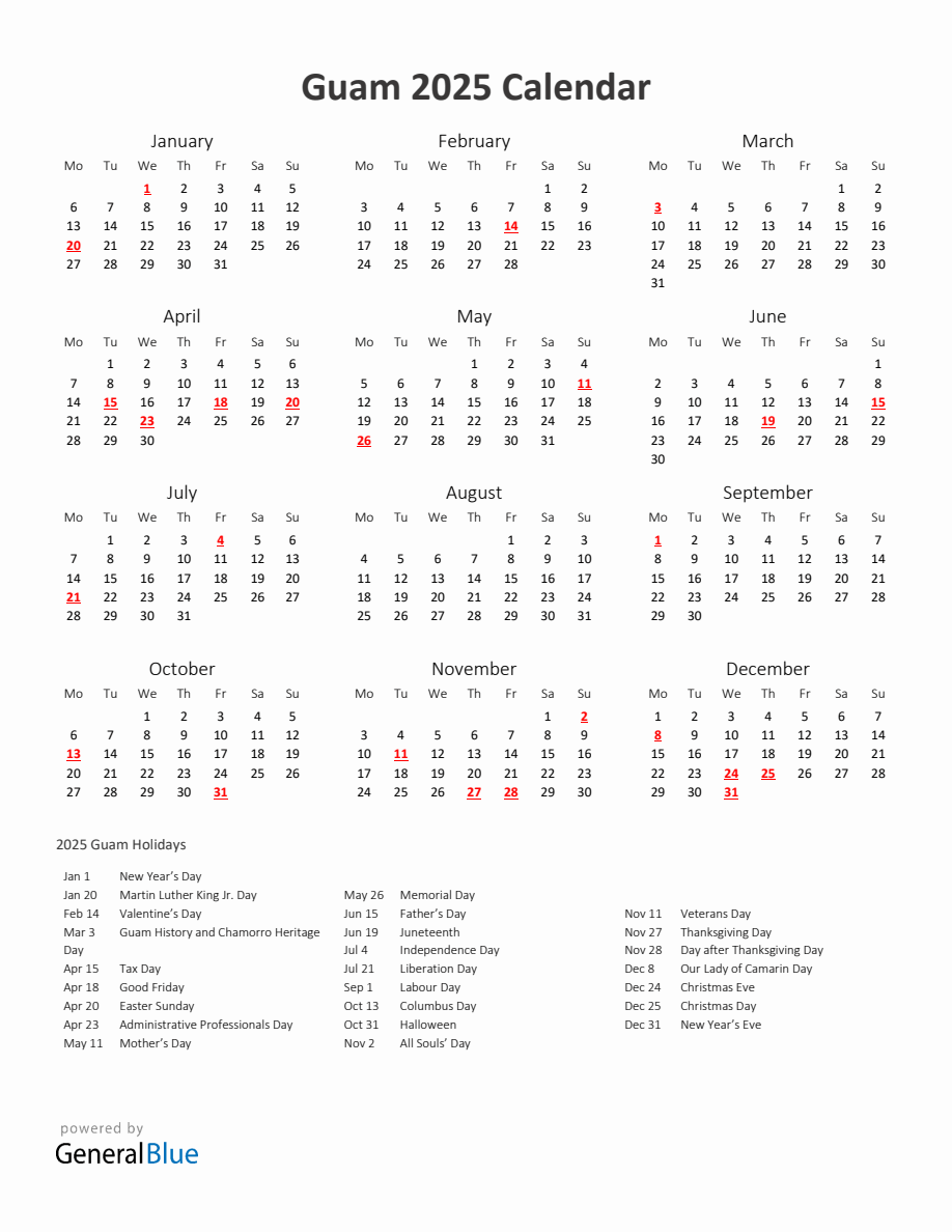 2025 Yearly Calendar Printable With Guam Holidays