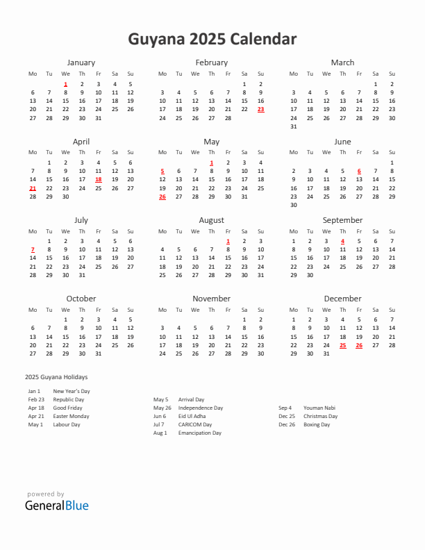 2025 Yearly Calendar Printable With Guyana Holidays