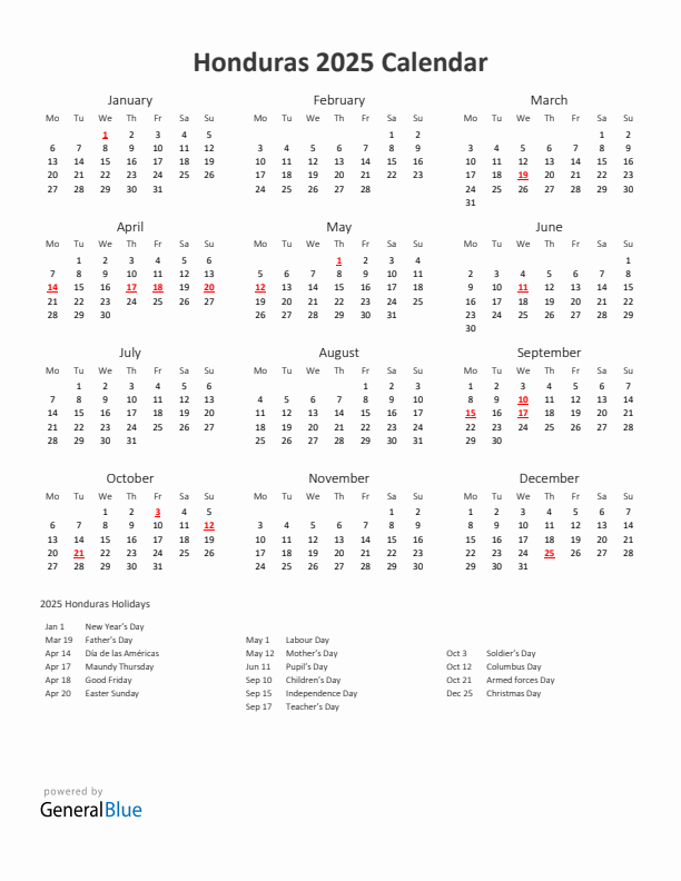 2025 Yearly Calendar Printable With Honduras Holidays