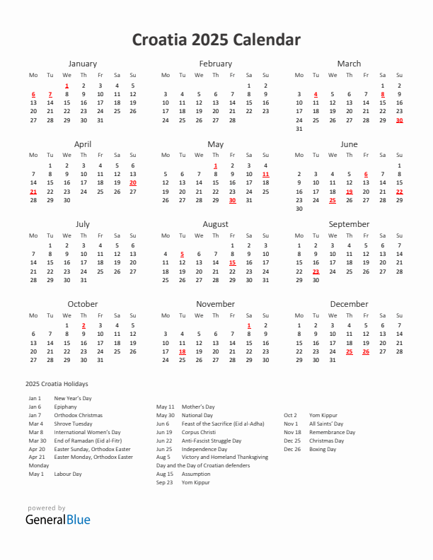 2025 Yearly Calendar Printable With Croatia Holidays