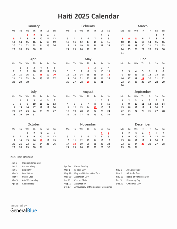 2025 Yearly Calendar Printable With Haiti Holidays