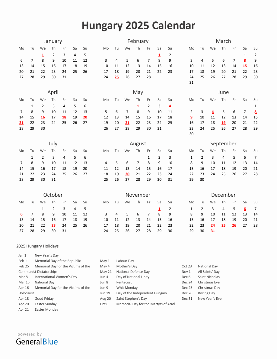 2025 Yearly Calendar Printable With Hungary Holidays