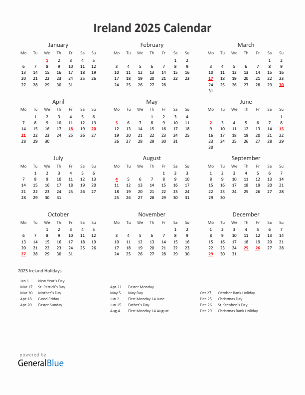 2025 Yearly Calendar Printable With Ireland Holidays