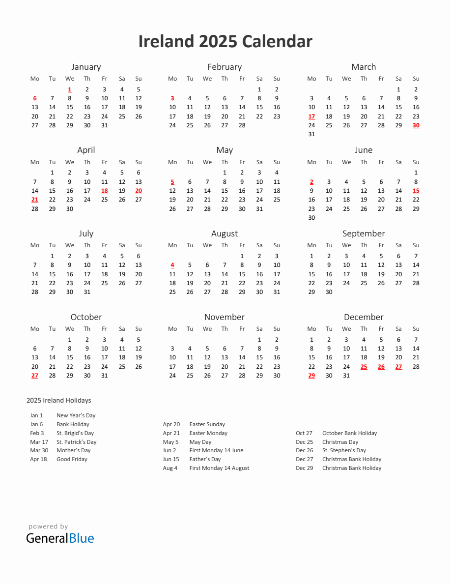 2025 Yearly Calendar Printable With Ireland Holidays