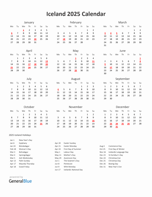 2025 Yearly Calendar Printable With Iceland Holidays
