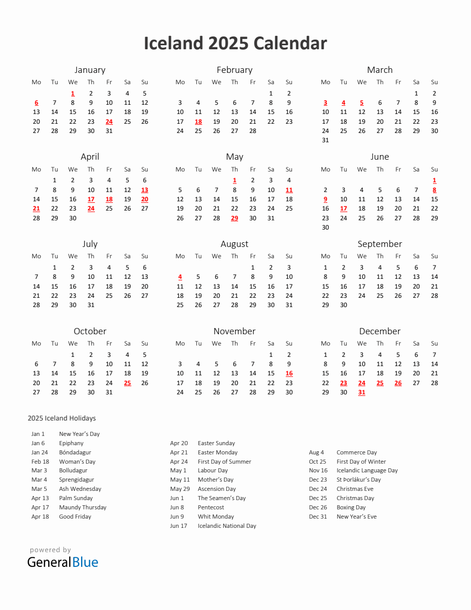 2025 Yearly Calendar Printable With Iceland Holidays