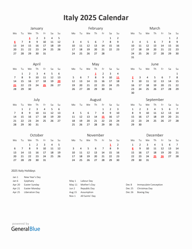 2025 Yearly Calendar Printable With Italy Holidays