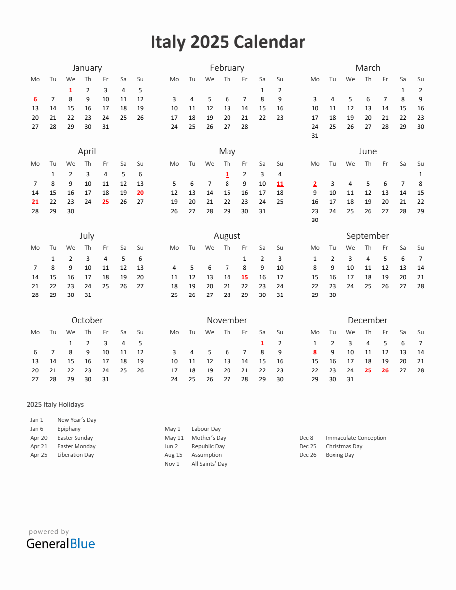 2025 Yearly Calendar Printable With Italy Holidays