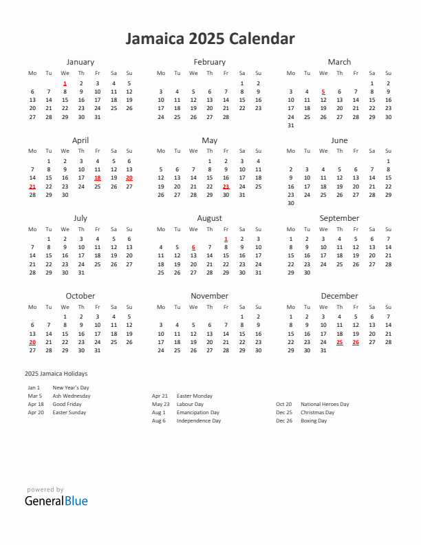 2025 Yearly Calendar Printable With Jamaica Holidays