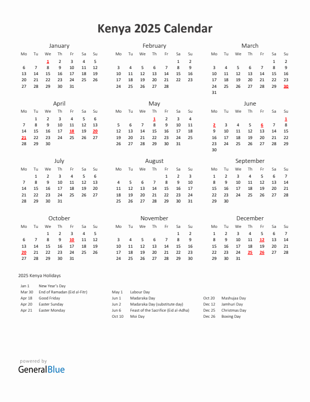 2025 Yearly Calendar Printable With Kenya Holidays