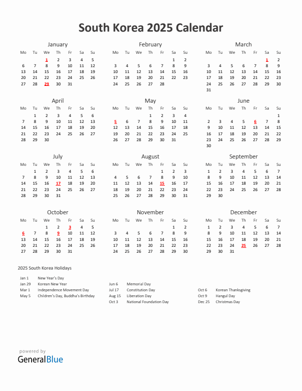 2025 Yearly Calendar Printable With South Korea Holidays