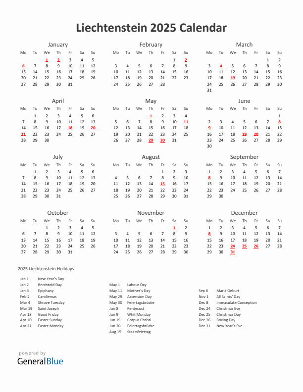 2025 Yearly Calendar Printable With Liechtenstein Holidays