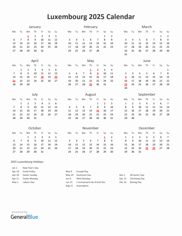 2025 Yearly Calendar Printable With Luxembourg Holidays
