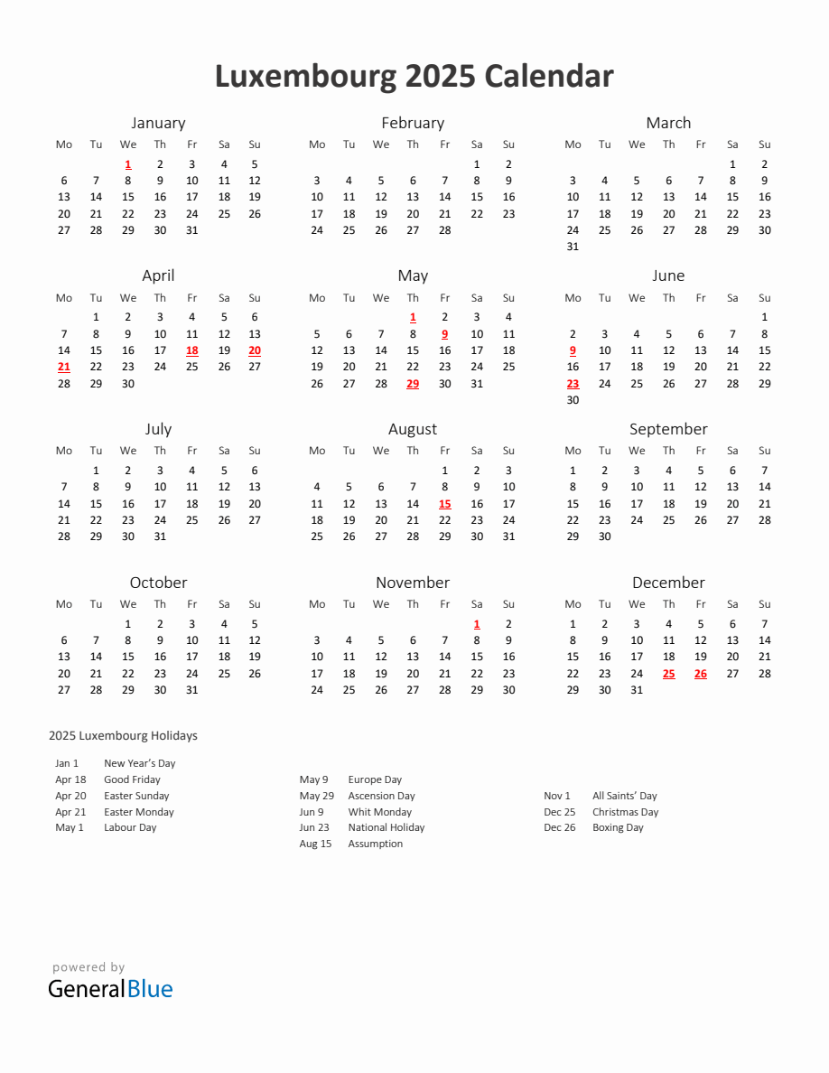 2025 Yearly Calendar Printable With Luxembourg Holidays