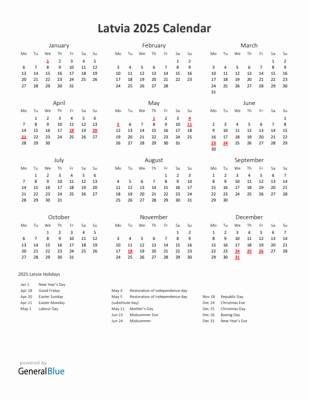2025 Yearly Calendar Printable With Latvia Holidays