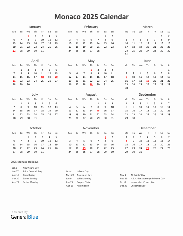 2025 Yearly Calendar Printable With Monaco Holidays