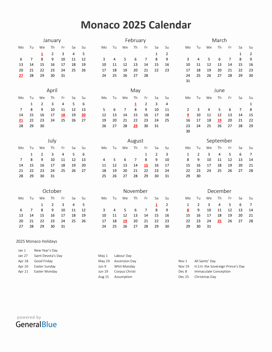 2025 Yearly Calendar Printable With Monaco Holidays