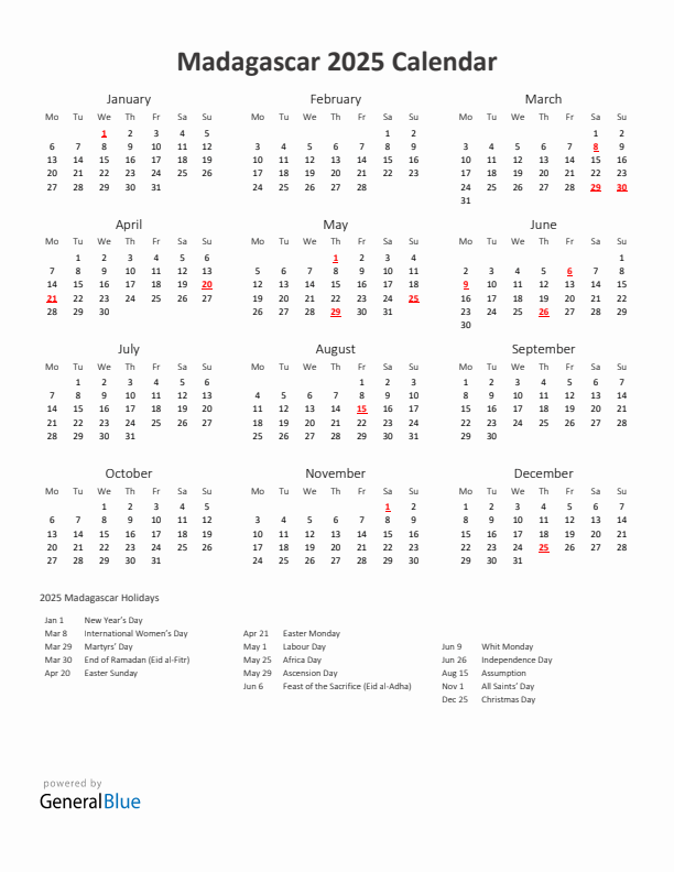 2025 Yearly Calendar Printable With Madagascar Holidays