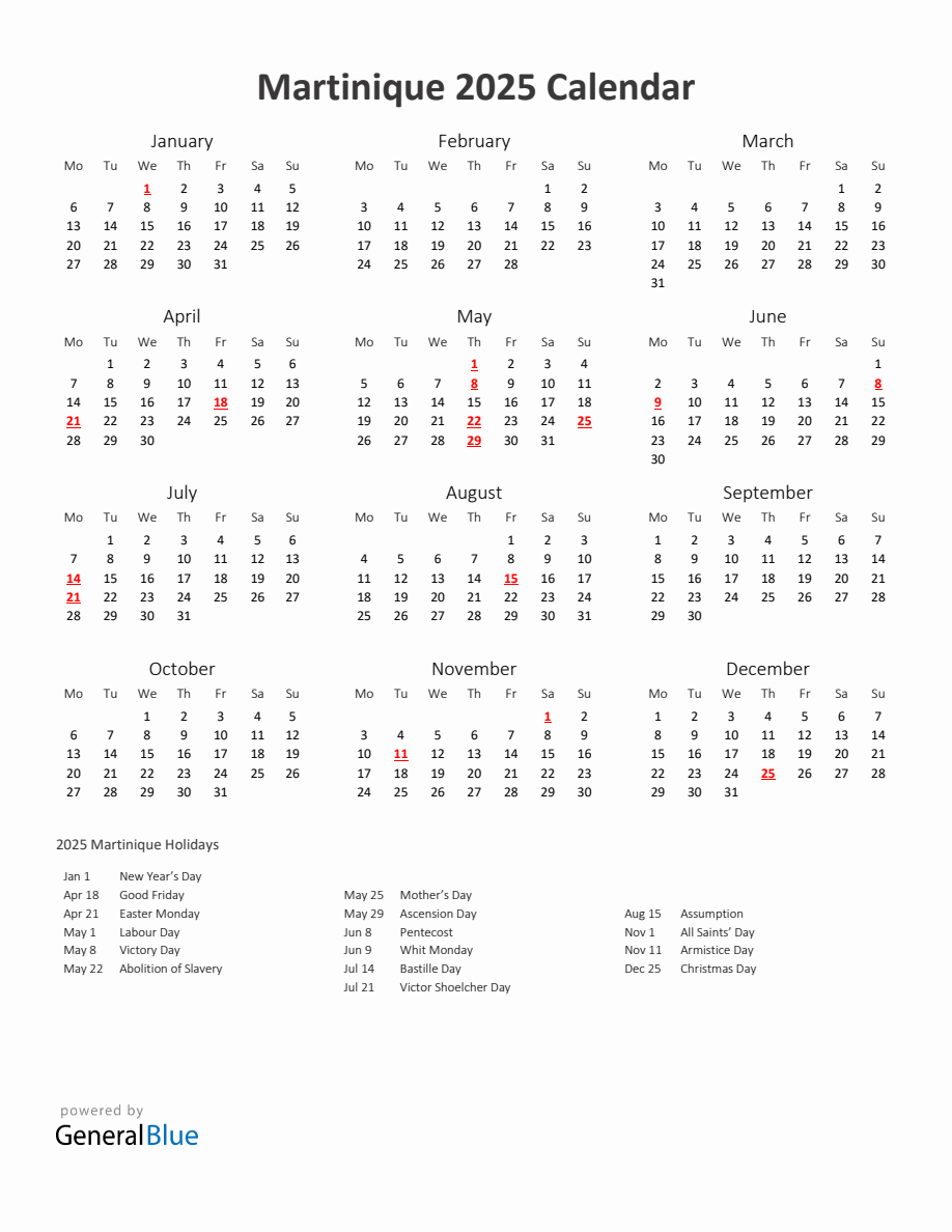 2025 Yearly Calendar Printable With Martinique Holidays