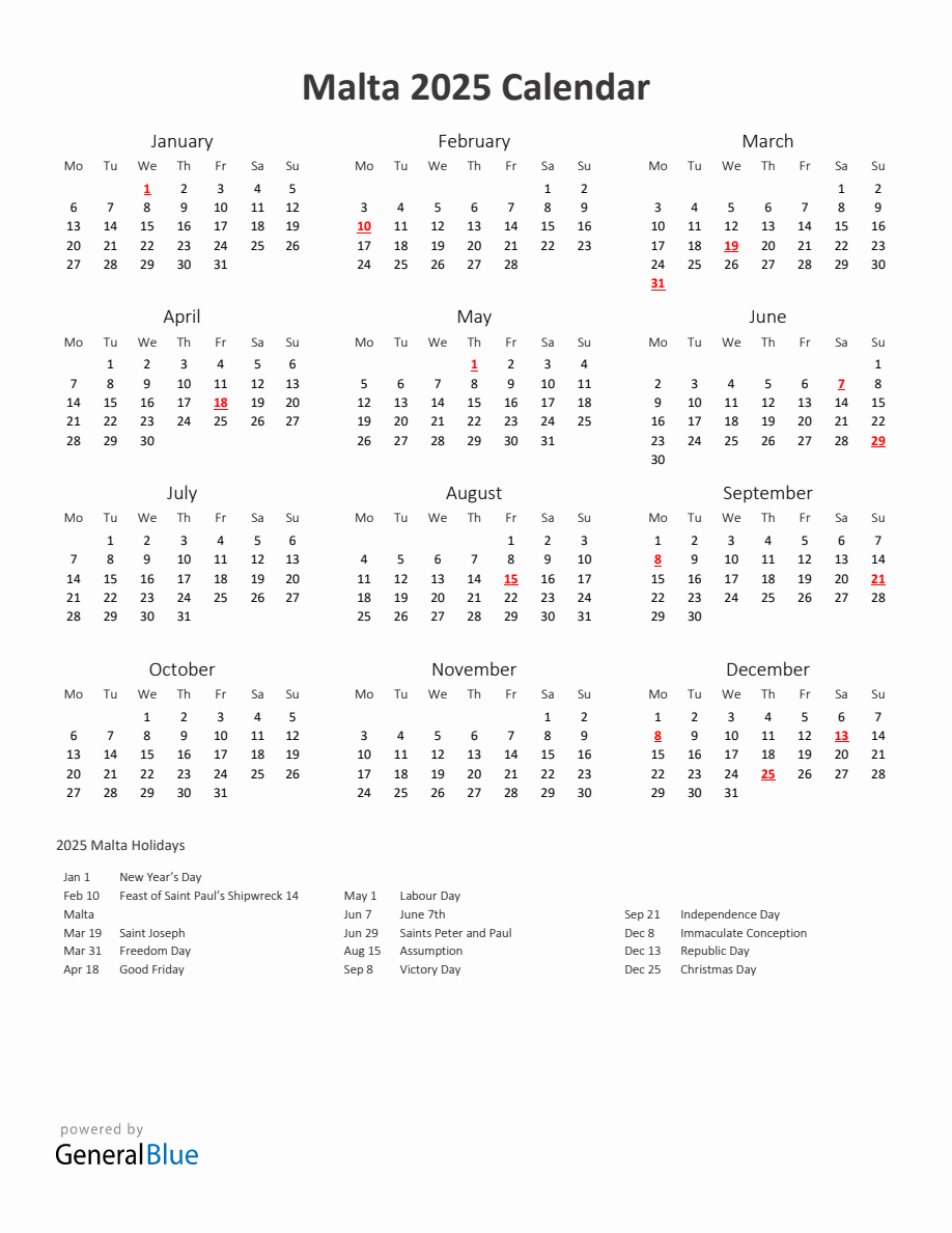 2025 Yearly Calendar Printable With Malta Holidays