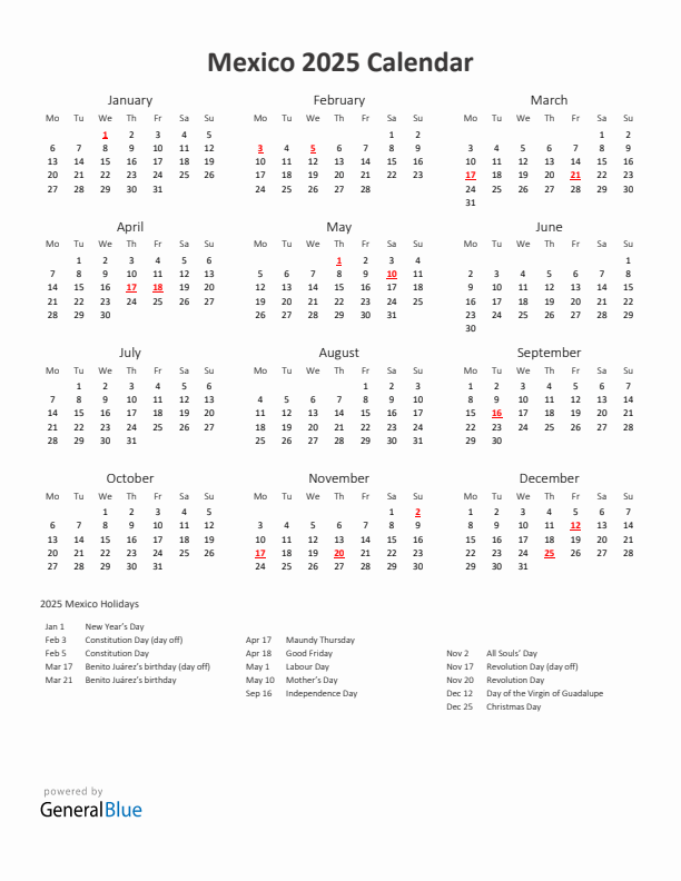 2025 Yearly Calendar Printable With Mexico Holidays