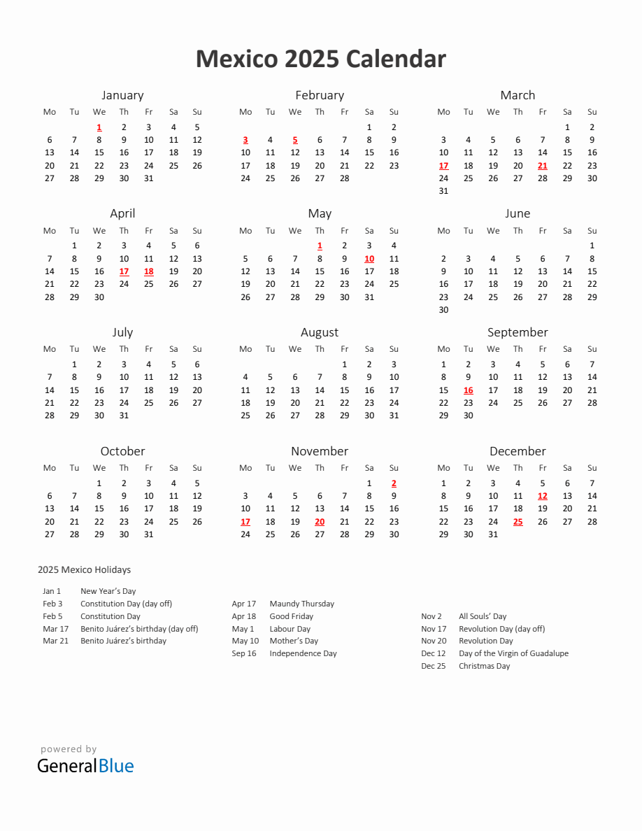 2025 Yearly Calendar Printable With Mexico Holidays