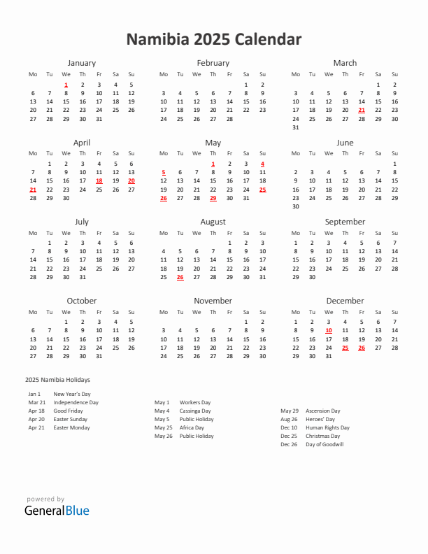 2025 Yearly Calendar Printable With Namibia Holidays