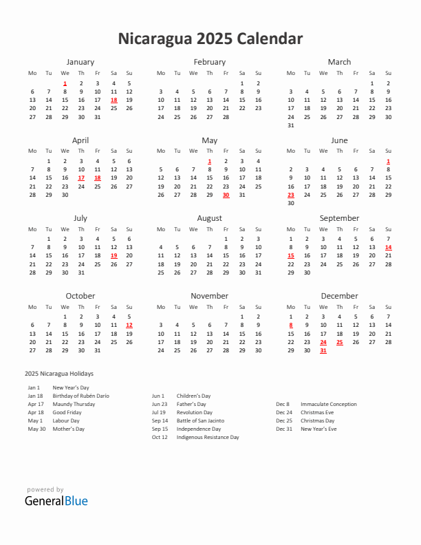 2025 Yearly Calendar Printable With Nicaragua Holidays