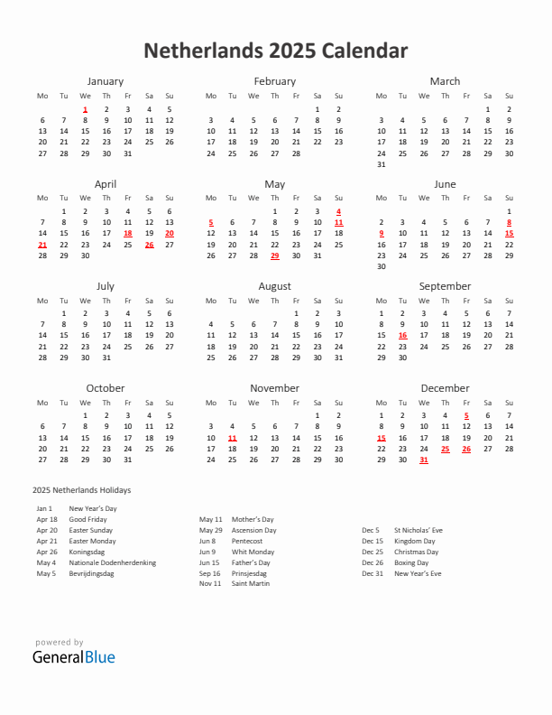 2025 Yearly Calendar Printable With The Netherlands Holidays
