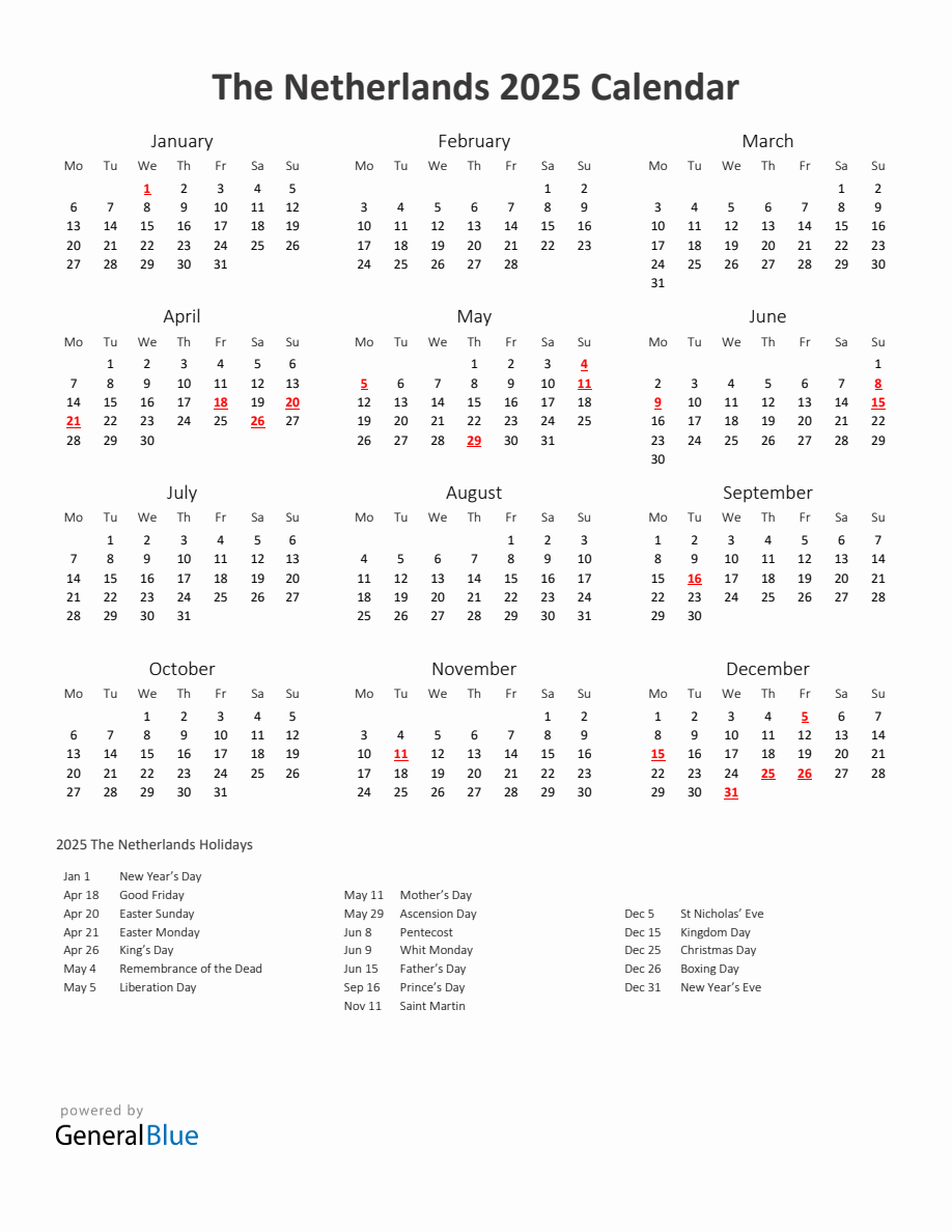 2025 Yearly Calendar Printable With Netherlands Holidays