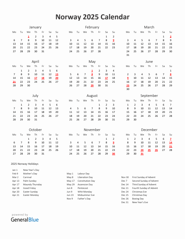 2025 Yearly Calendar Printable With Norway Holidays