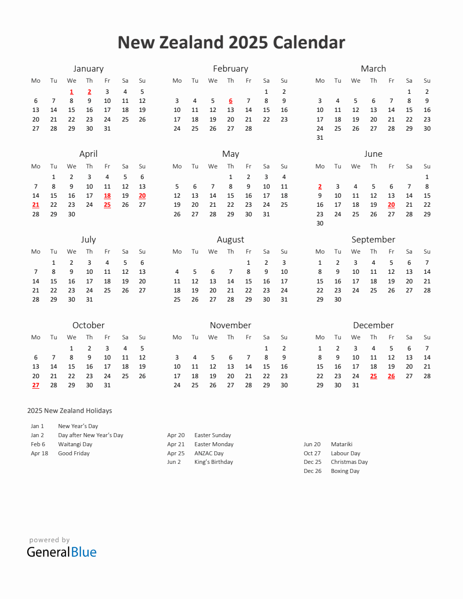 2025 Yearly Calendar Printable With New Zealand Holidays