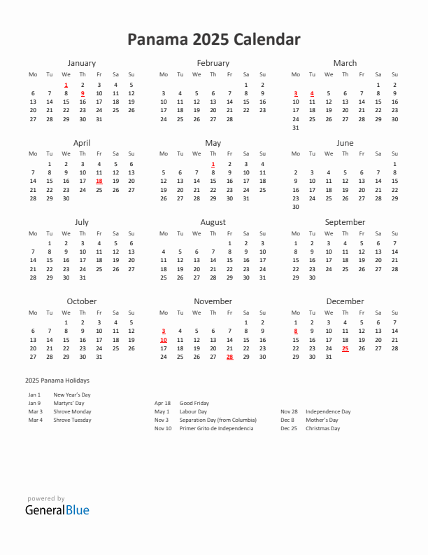 2025 Yearly Calendar Printable With Panama Holidays