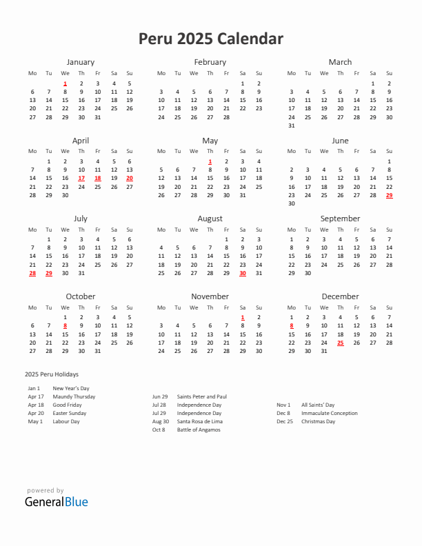 2025 Yearly Calendar Printable With Peru Holidays