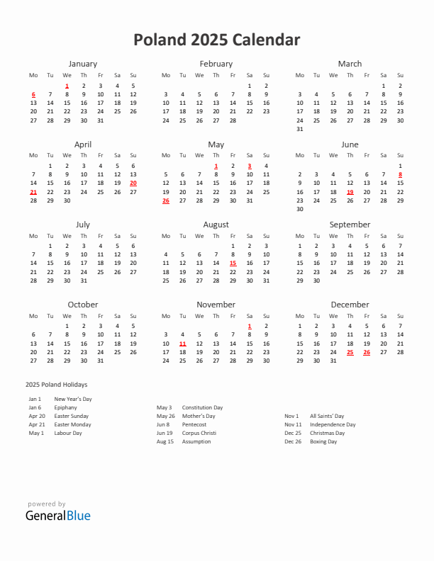 2025 Yearly Calendar Printable With Poland Holidays