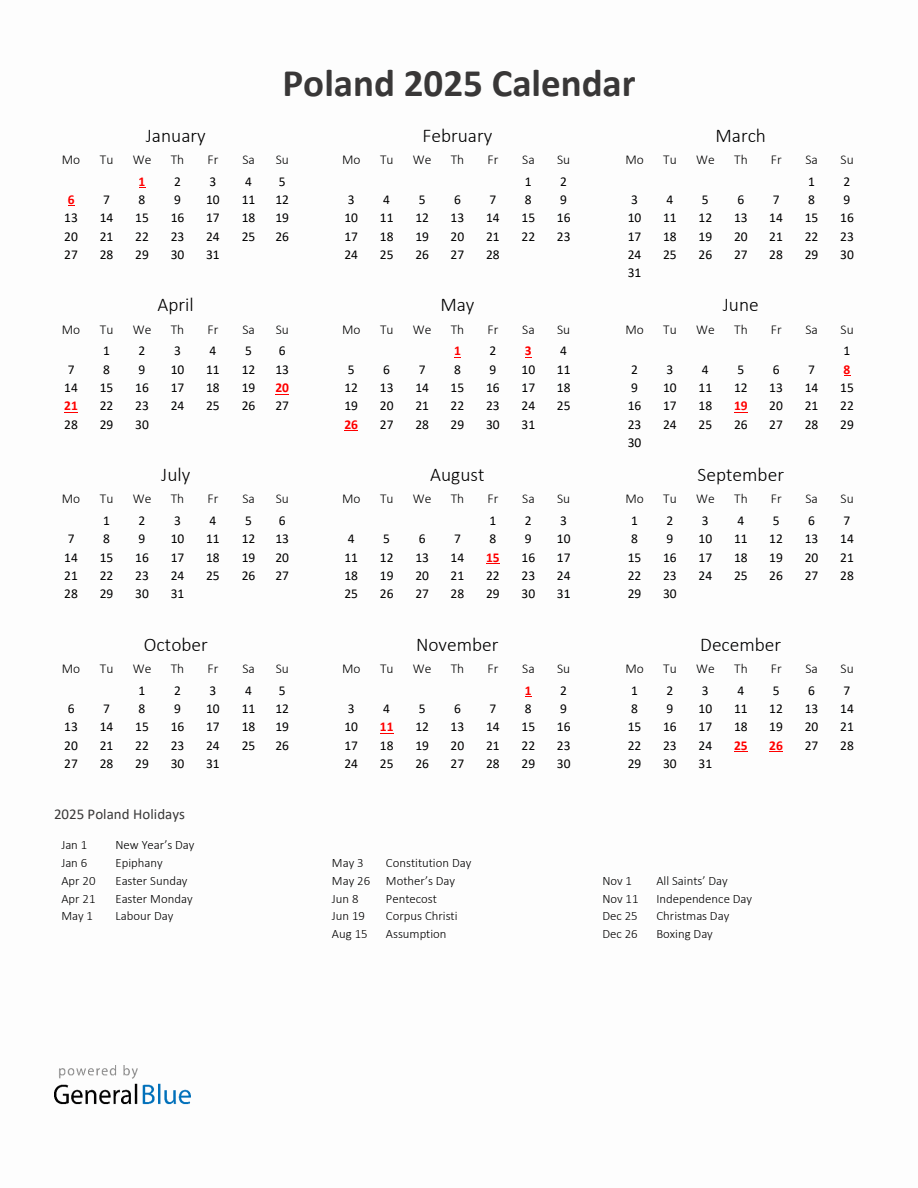 2025 Yearly Calendar Printable With Poland Holidays