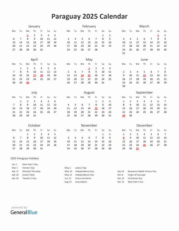 2025 Yearly Calendar Printable With Paraguay Holidays