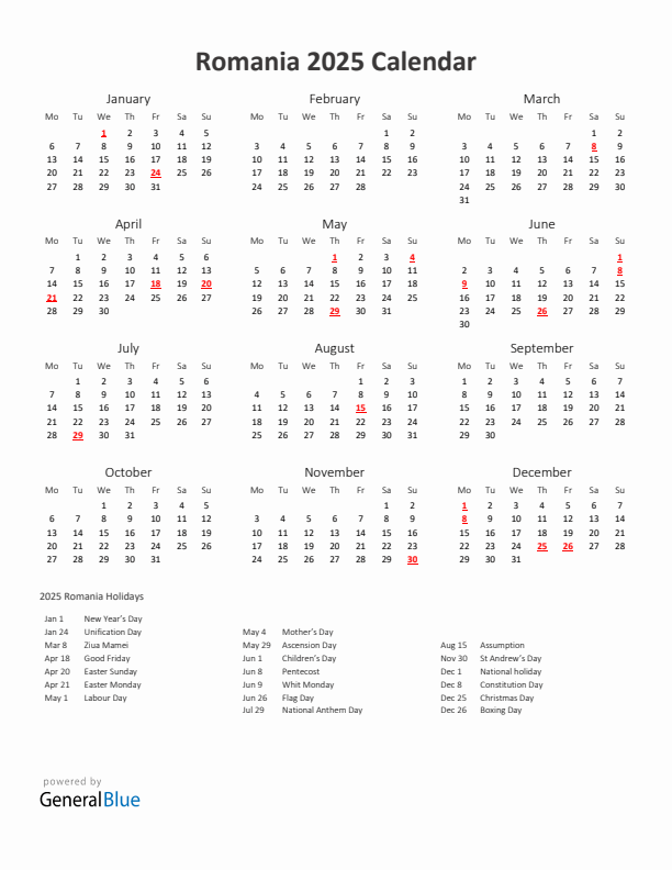 2025 Yearly Calendar Printable With Romania Holidays